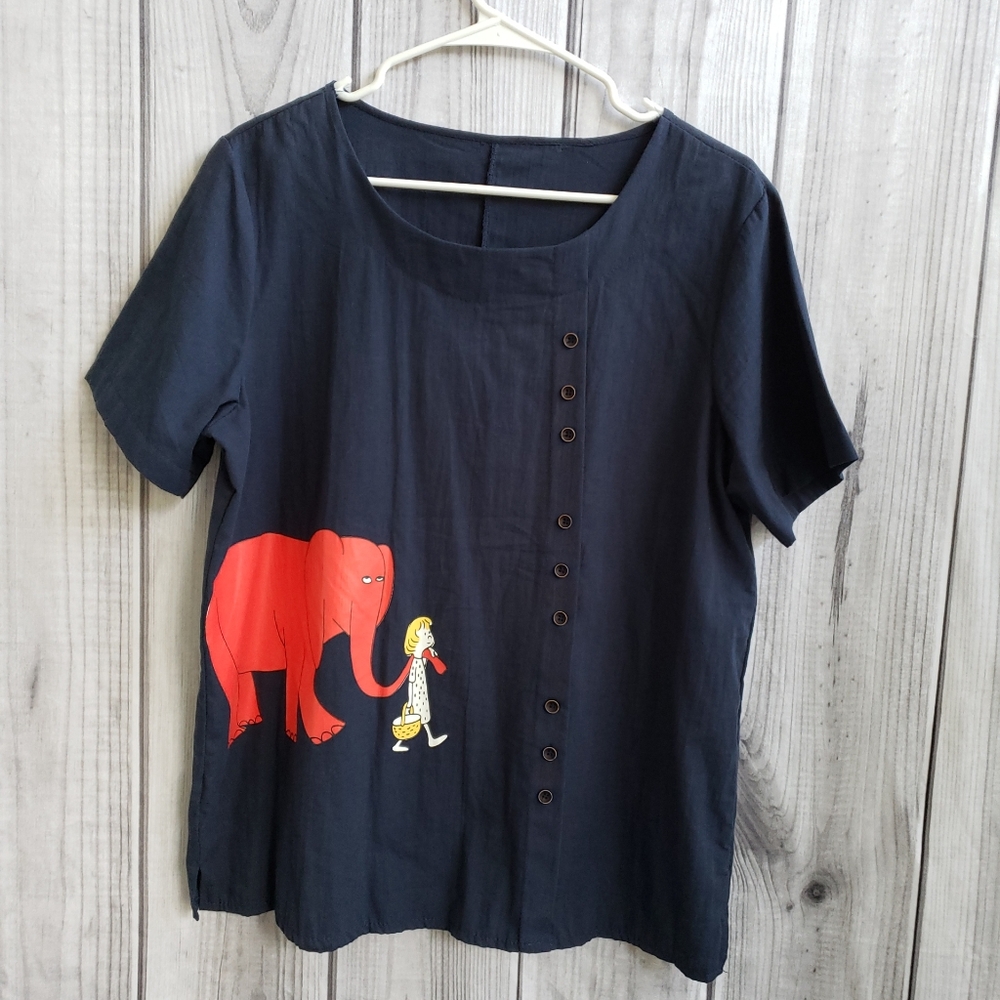 Top, blue,  print with red elephant